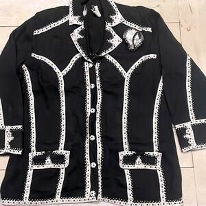 Vintage Knit Cardigan Sweater Black Beaded Vegan Leather Trim LG Satin NwoT